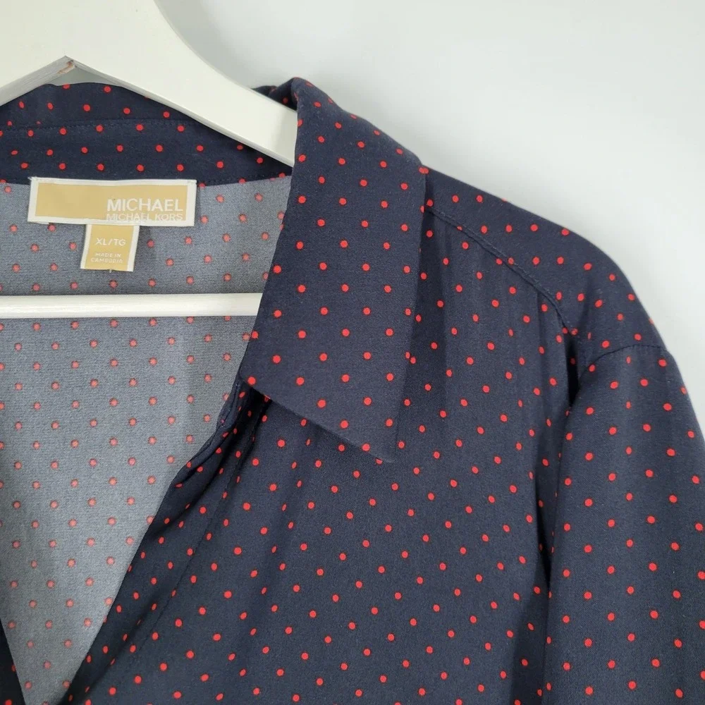 MICHAEL KORS Navy Red Polka Dot Button Front Roll‎ Tab Sleeve Blouse XL